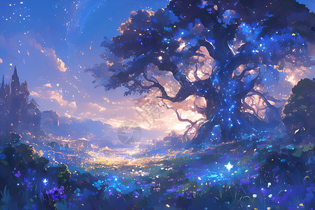 发光的星星空下的发光树插画
