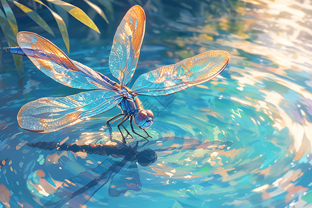 蜻蜓点水彩色蜻蜓在溪流上喝水插画