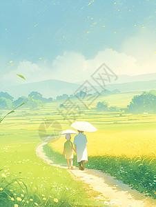 行走在田间道路上的老人孩子背景图片