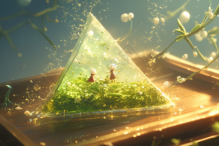 绿色小人玩具车三角形中的绿色植物插画