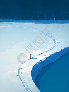 冬季夜晚雪地的孤独行者插画