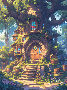 童话树屋梦境背景图片