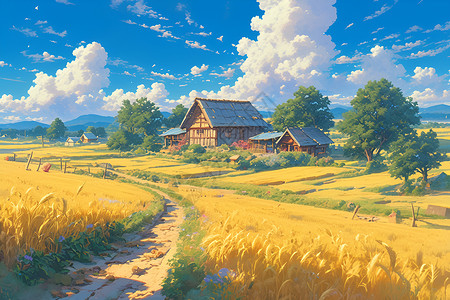 麦田中的乡村别墅背景图片