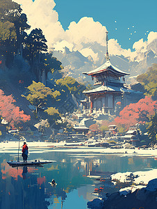 湖泊的寺庙背景图片