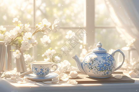 沐浴在暖阳下的蓝白瓷茶壶背景图片