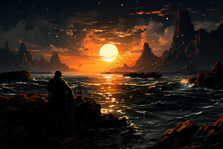 渔夫岩石地方夜晚的海边渔夫插画