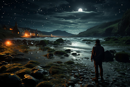 渔夫岩石地方夜晚渔翁凝望大海设计图片