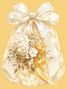 黄色简约花边雍容华贵的细腻花边布袋映衬着温暖的黄色背景插画