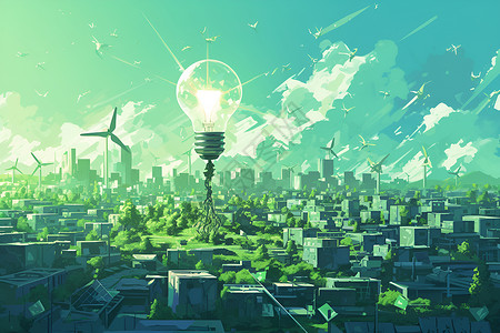点亮未来绿色灯泡点亮城市插画