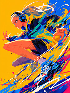 色彩音乐奔跑的音乐女孩插画