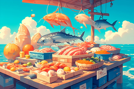 市场新鲜鱼类插画