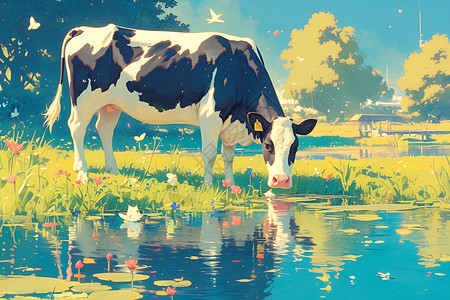 奶牛在河里喝水背景图片