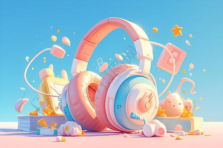 小米耳机立体粉色耳机插画