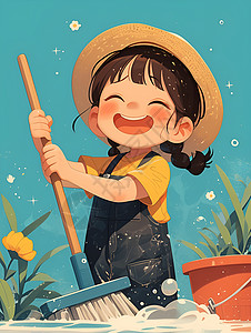 扫地的女孩花园里的小清洁员插画