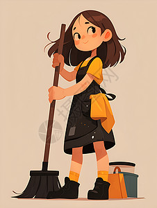 扫地的女孩女仆快乐打扫卫生插画