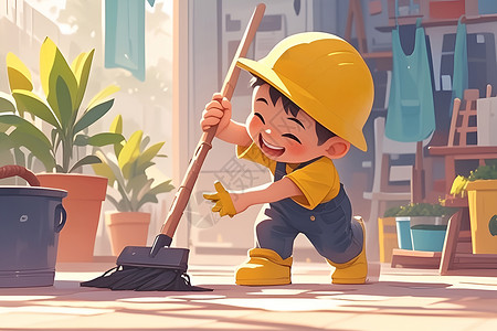 扫帚畚箕小男孩打扫卫生插画