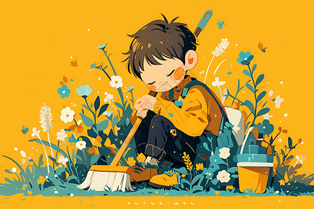 小男孩扫地的插画背景图片