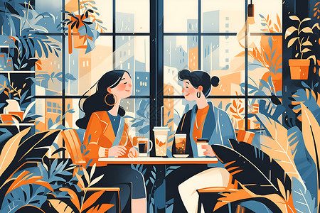 开心聊天的闺蜜朋友在咖啡店聊天插画
