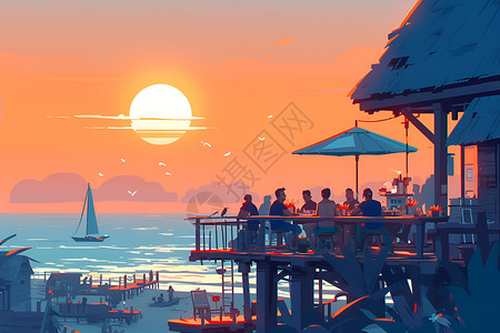 温暖的氛围海边的餐厅插画