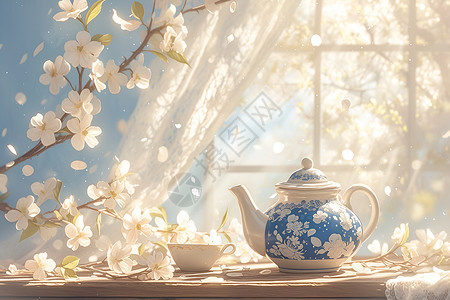 茶具产品拍摄花卉点缀下的茶具插画