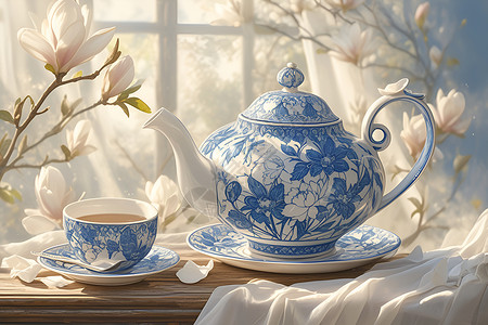 茶具产品拍摄优雅的茶具摆放在桌上插画