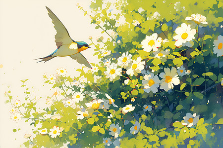 盛开的花朵与燕子背景图片