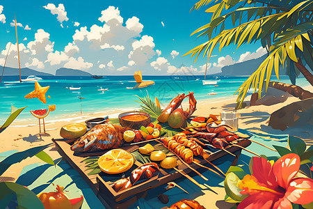海边派对海边的烧烤派对插画