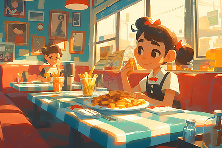 客户卡通餐厅吃薯条的女孩插画