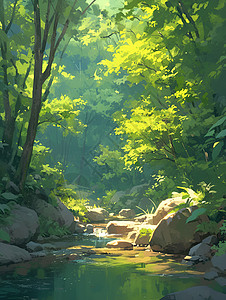 植物花草丛青翠丛林里的河流插画