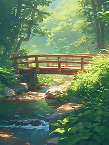 溪鳟鱼溪水上的小木桥插画