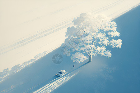 雪地卡通冬日树下的汽车插画