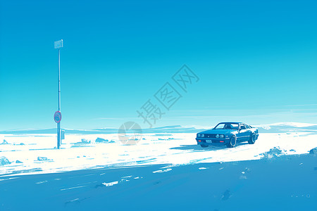 旷野无际旷野雪原上的汽车插画
