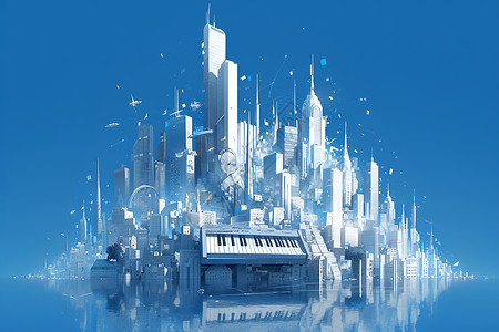 钢琴键盘上的城市背景图片