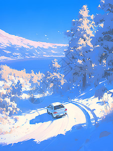 雪原树林穿越雪原的汽车插画