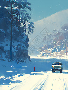 雪原树林雪地里的汽车插画