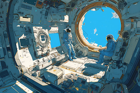 星际飞船星际空间中的两名宇航员插画
