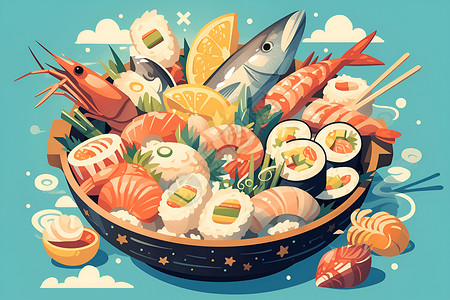 月季花和碗海鲜和寿司插画