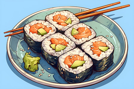 日式米饭盘子里的寿司插画