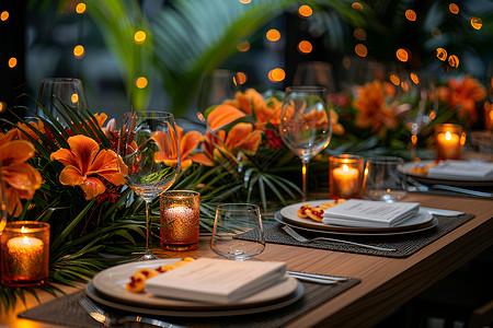餐桌上的额鲜花和餐具背景图片
