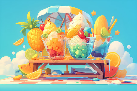 水果刨冰夏日的冰沙乐园插画