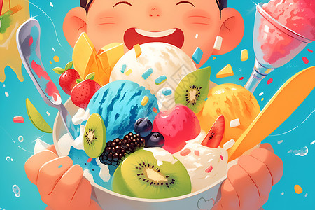 抹茶冰沙孩子享用水果刨冰插画