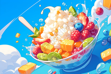 水果果酱刨冰绵密的水果冰沙插画