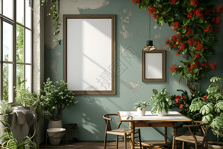 桌子与盆栽野花与画框背景