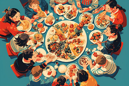 一人餐一群人围坐在餐桌前插画
