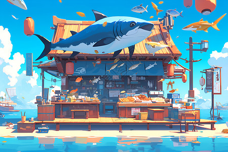 鱼市场一个繁忙的市场摊位插画