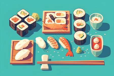 猪扒套餐精致的寿司套餐插画