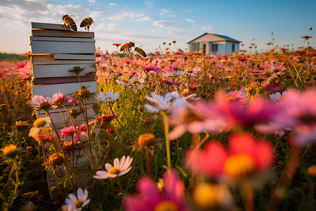 花卉农业花海中的蜂箱背景