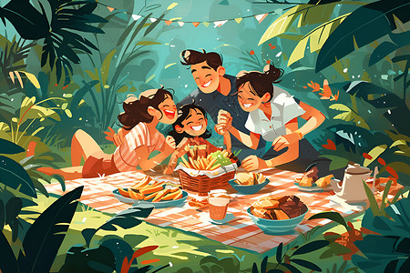 野餐食物欢乐野餐的家庭插画