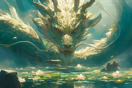 龙之崛起素材水中崛起的神秘巨龙插画
