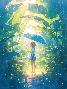 雨伞美女个女孩撑着雨伞站在森林中插画